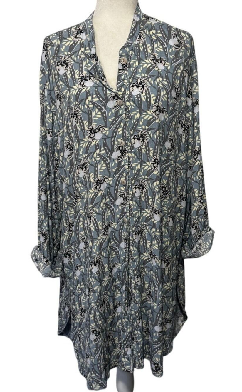FLAX Grey Floral Print Long Sleeve Shirt Dress, Size Large Artsy Lagenlook